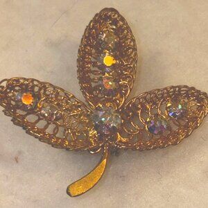 Brooch Pin Vintage Austria Light Green and Gold Tone Rhinestone Signed